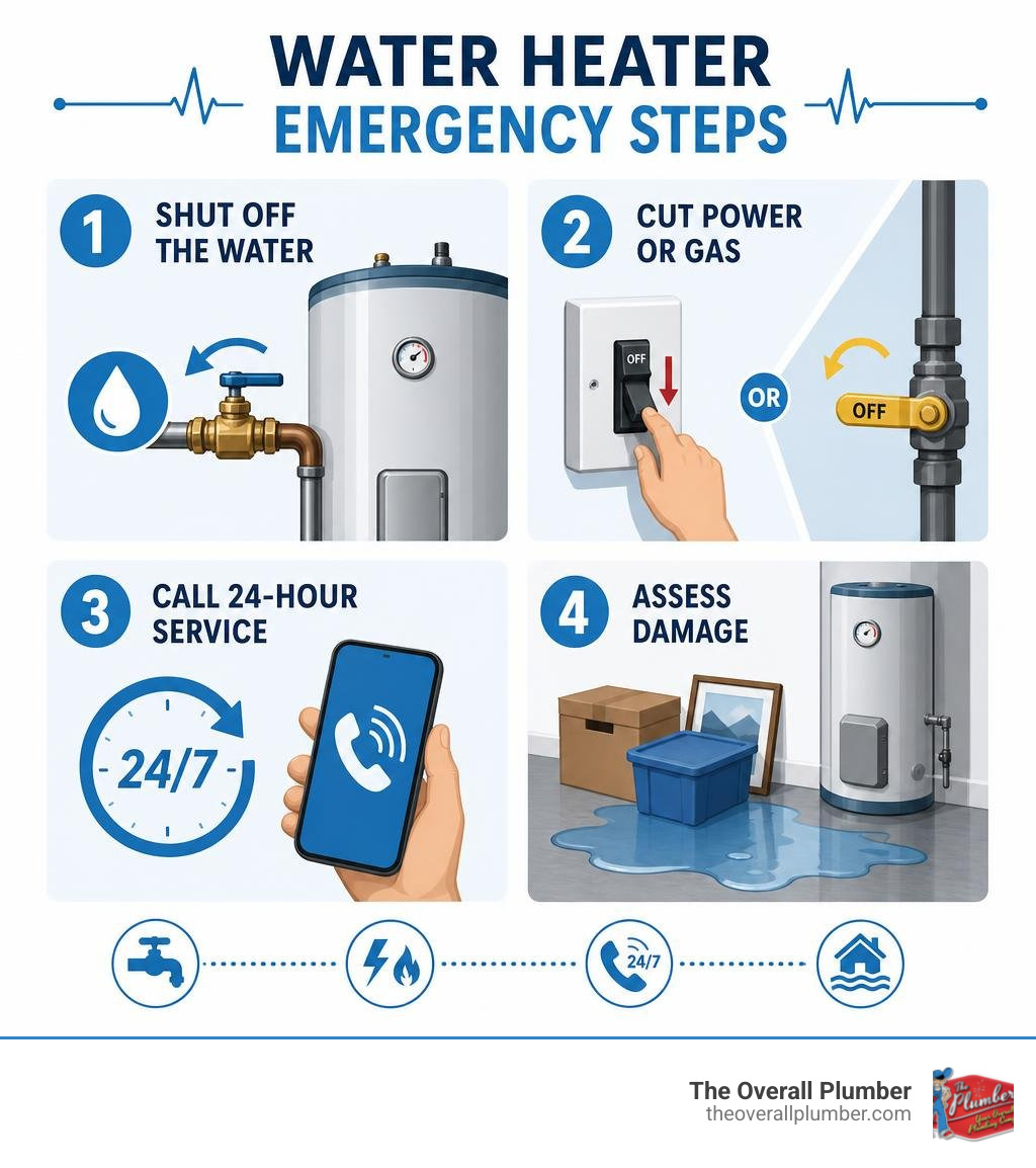 Infographic showing steps in a water heater emergency: shut off water, cut power or gas, call 24-hour service, assess damage