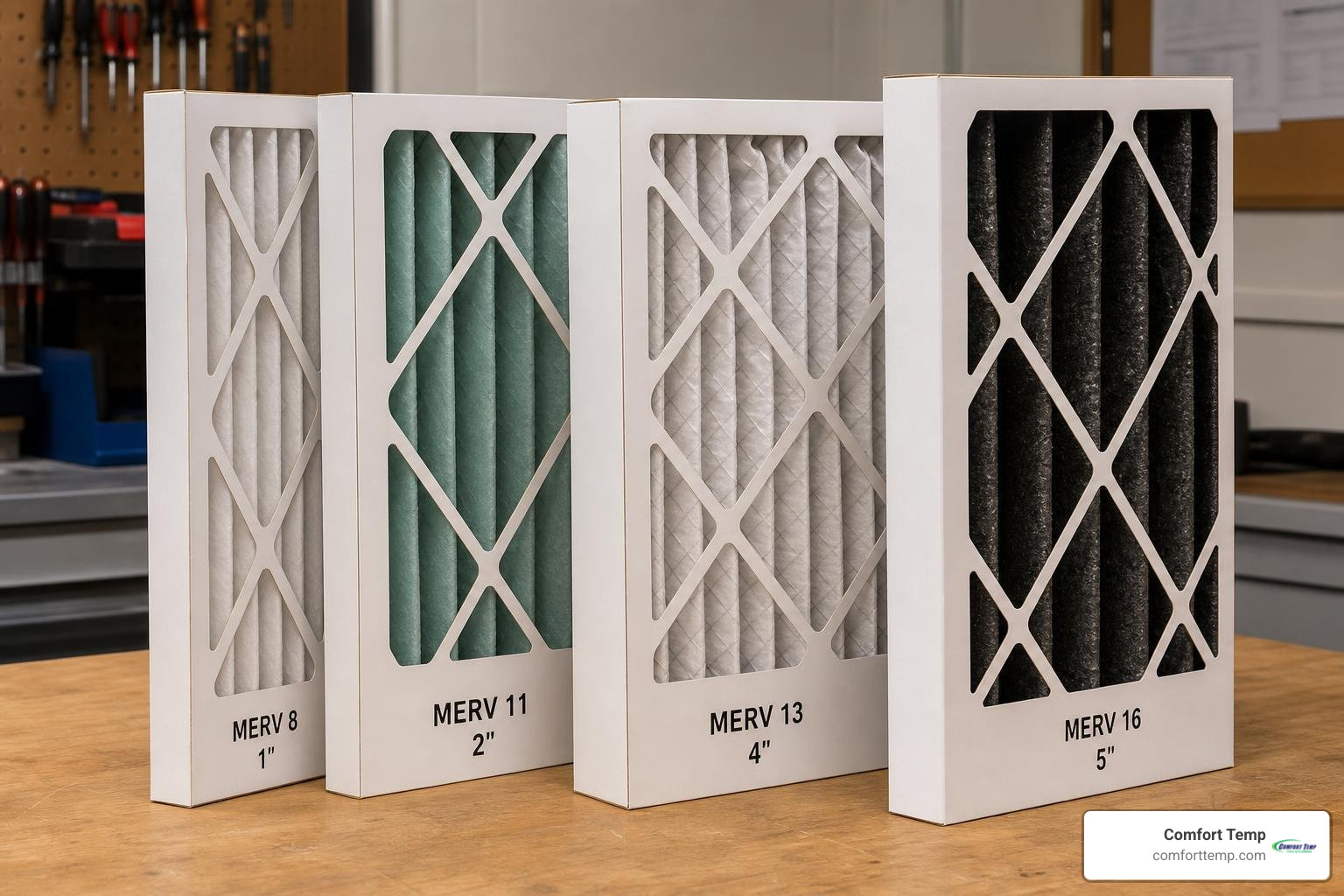 HVAC filtration media showing different MERV rated filters HVAC filtration media showing different MERV rated filters