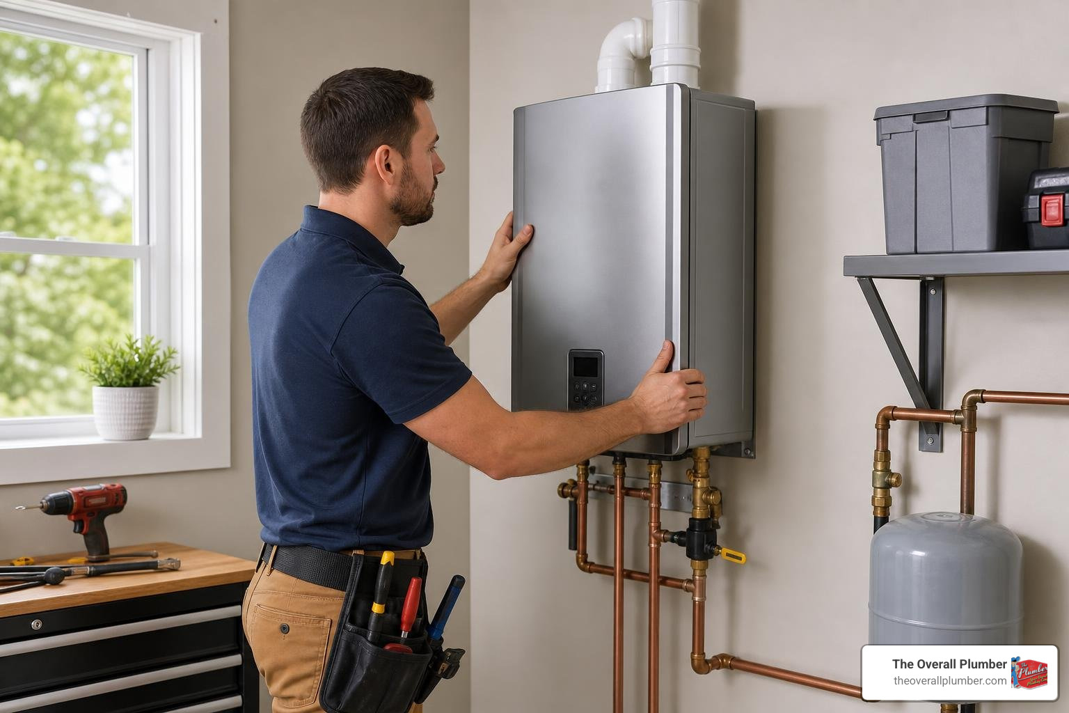 Technician installing a new tankless water heater in a home utility room Technician installing a new tankless water heater in a home utility room