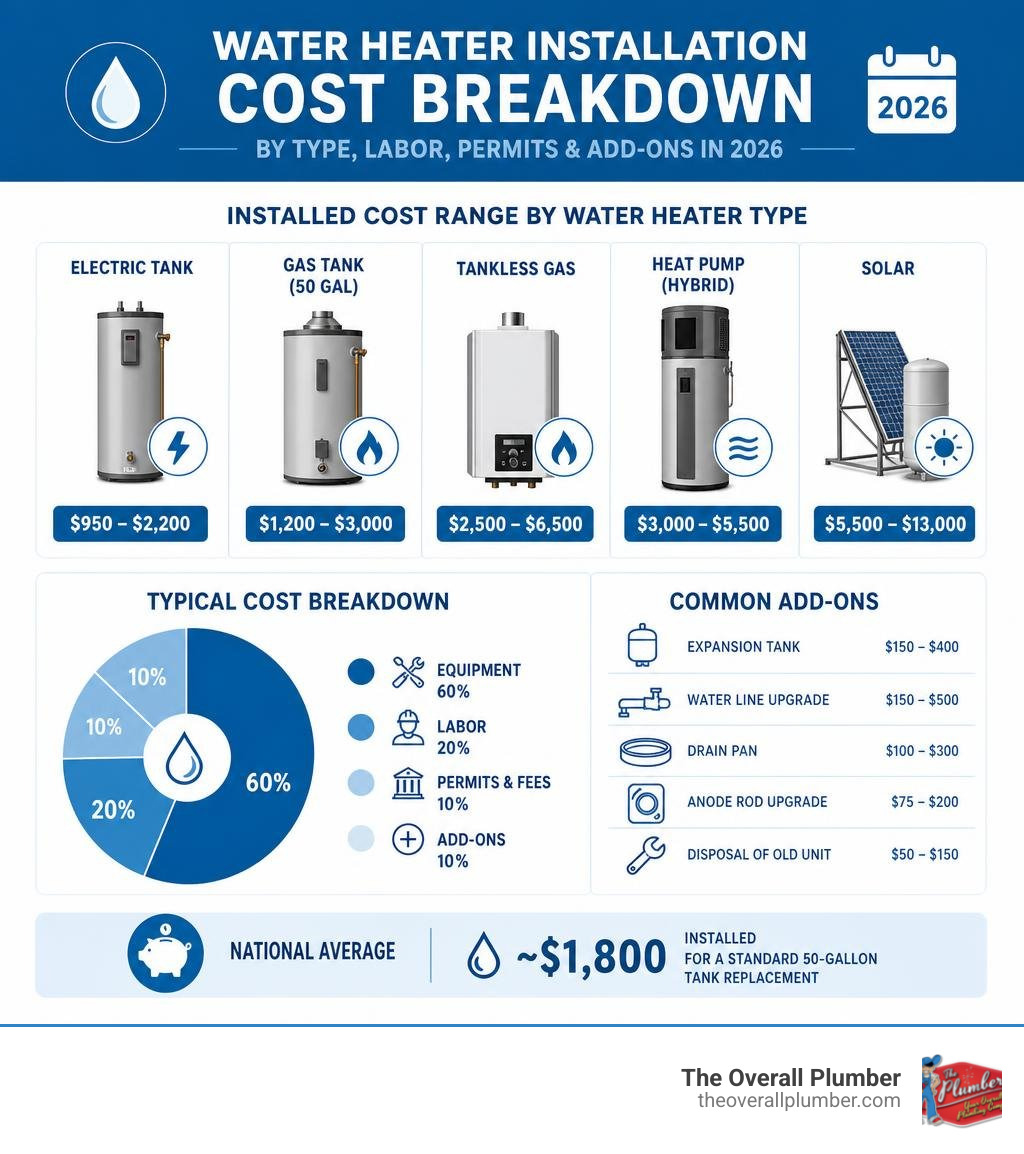 Infographic showing average water heater installation cost breakdown by type, labor, permits, and add-ons in 2026 infographic Infographic showing average water heater installation cost breakdown by type, labor, permits, and add-ons in 2026 infographic