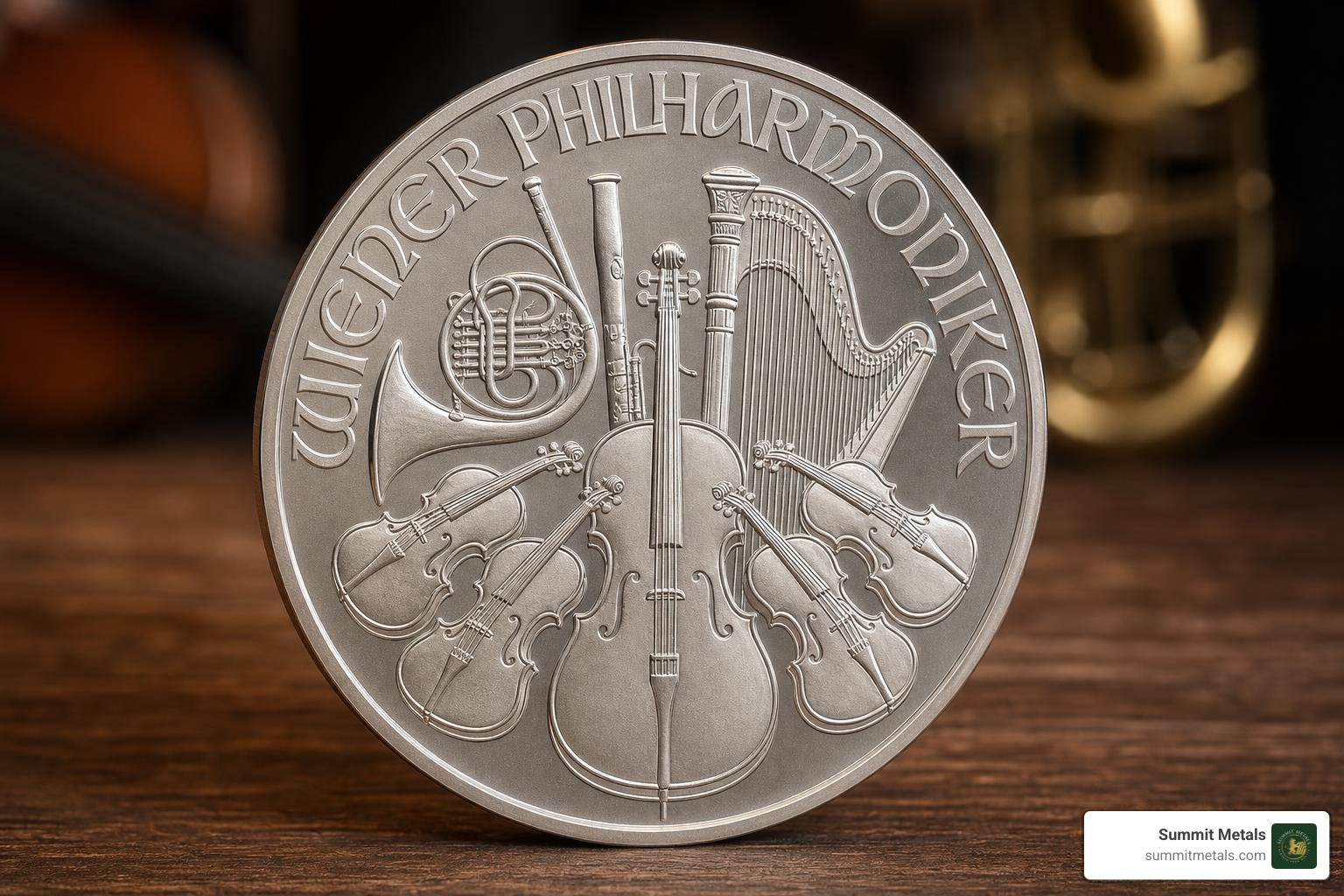 Austrian Philharmonic silver coin showcasing musical instruments