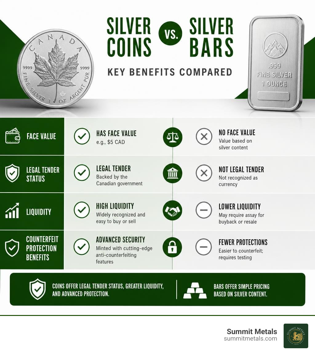 Infographic comparing silver coins vs silver bars: face value, legal tender status, liquidity, and counterfeit protection