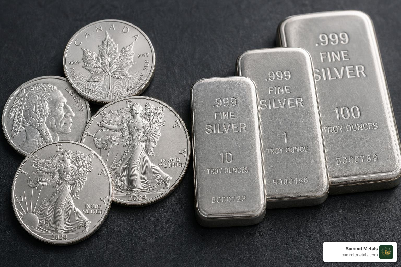 Sovereign silver coins and minted silver bars side by side showing purity markings Sovereign silver coins and minted silver bars side by side showing purity markings