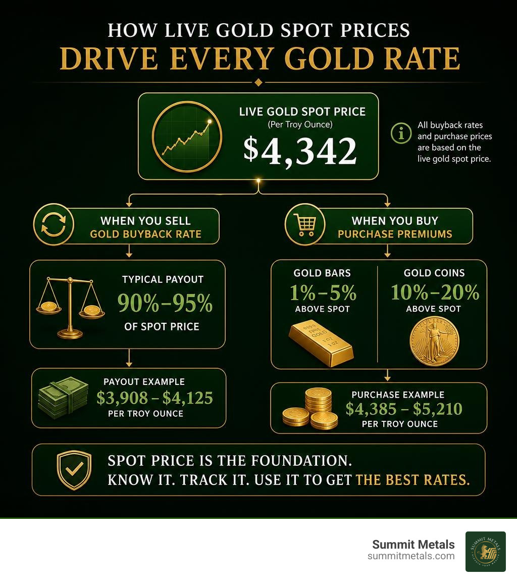 Infographic showing how live gold spot prices dictate gold buyback rates and purchase premiums infographic