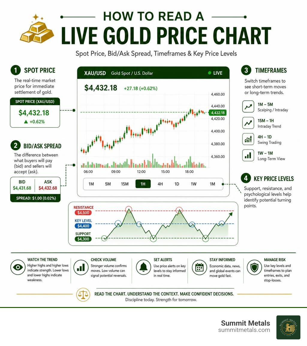 Infographic: how to read a live gold price chart — spot price, bid/ask spread, timeframes, and key price levels infographic