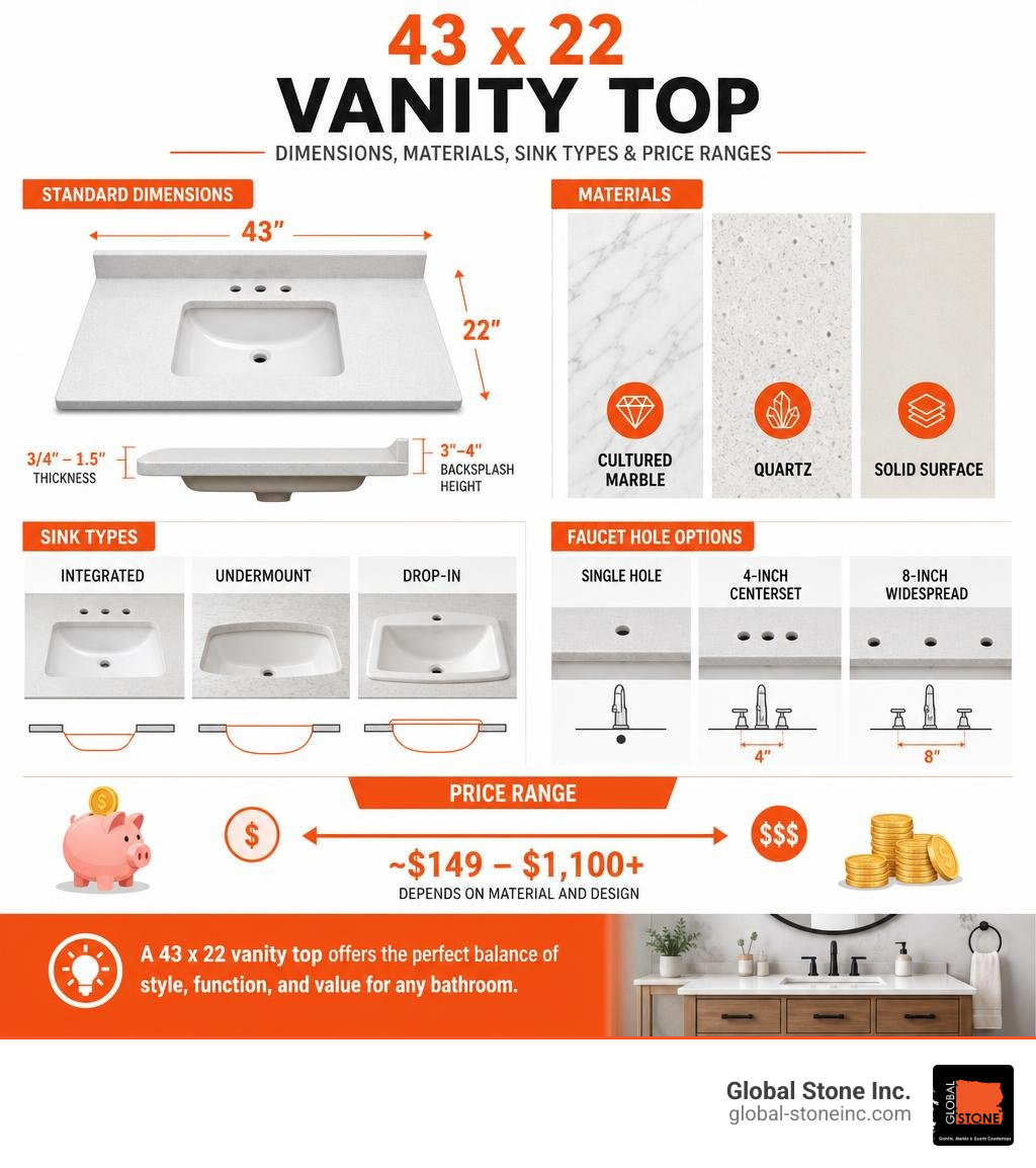 Infographic showing standard 43 x 22 vanity top dimensions, materials, sink types, and price ranges infographic