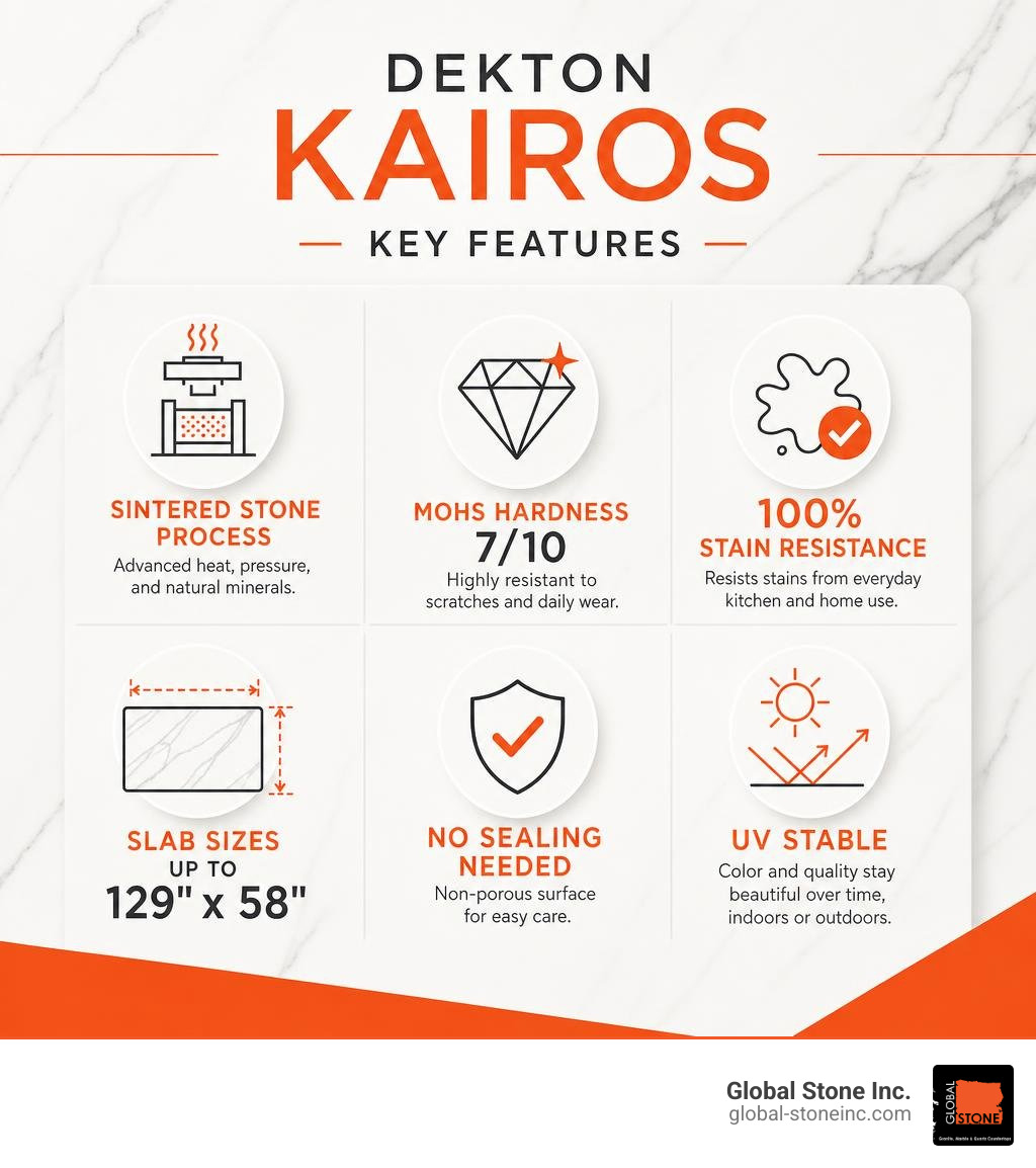 Infographic showing Dekton Kairos key features: sintered stone process, Mohs hardness 7/10, 100% stain resistance, slab Infographic showing Dekton Kairos key features: sintered stone process, Mohs hardness 7/10, 100% stain resistance, slab