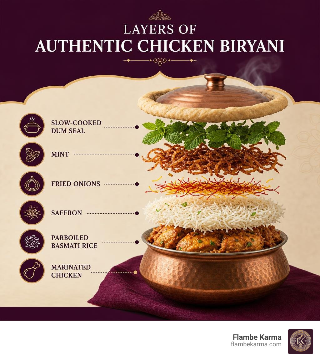 Infographic showing layers of authentic chicken biryani: marinated chicken, parboiled basmati rice, saffron, fried onions
