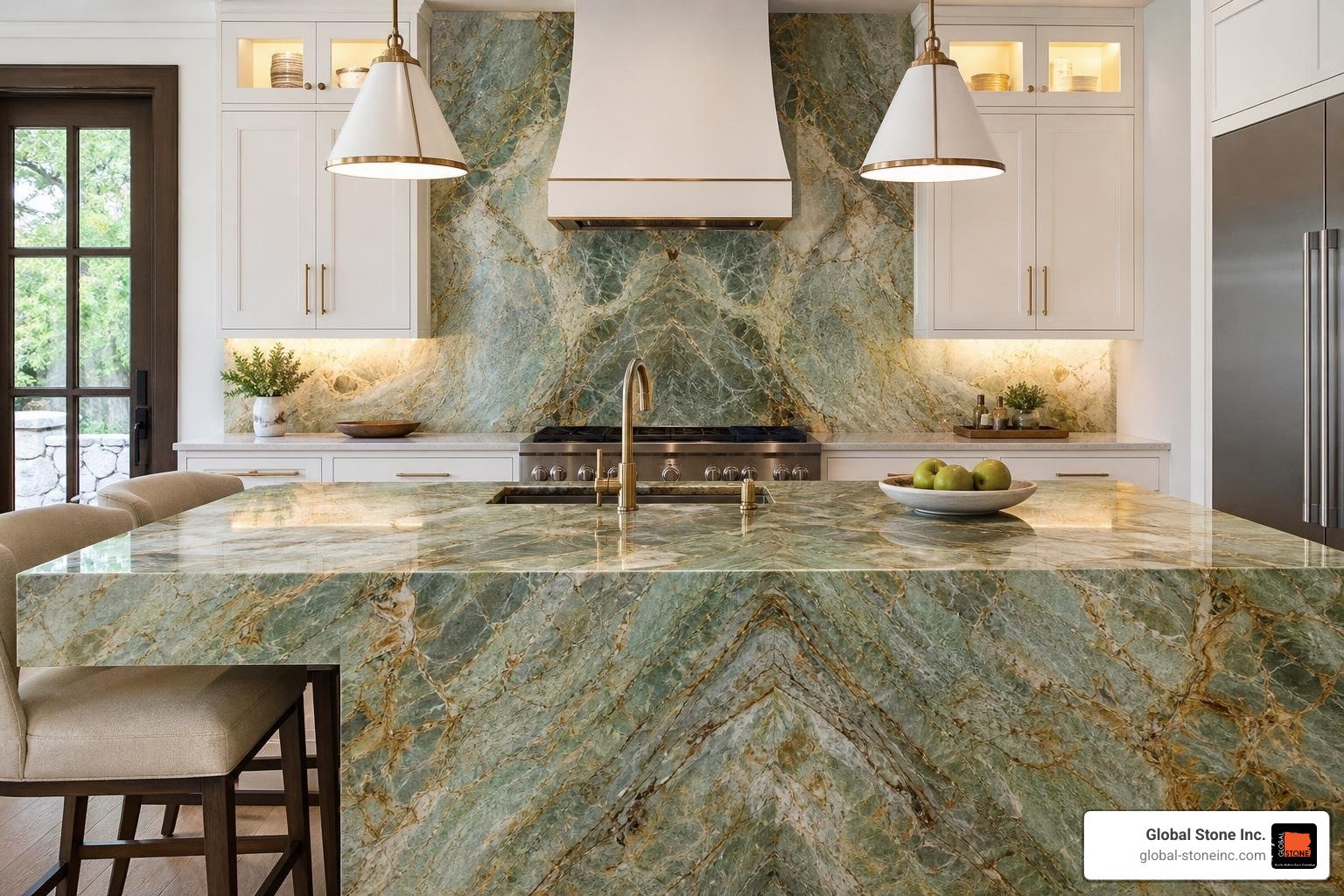 Bookmatched Alexandrita Quartzite kitchen backsplash and island