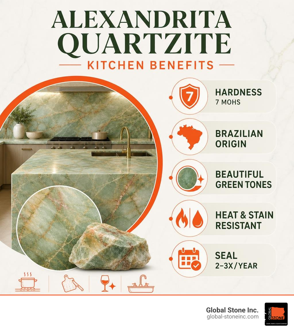 Infographic showing Alexandrita Quartzite kitchen benefits: hardness 7 Mohs, Brazilian origin, green tones, heat and stain