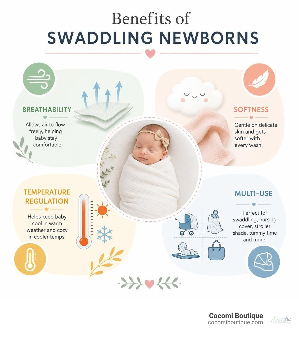 Benefits of swaddling newborns infographic: breathability, softness, temperature regulation, multi-use infographic Benefits of swaddling newborns infographic: breathability, softness, temperature regulation, multi-use infographic