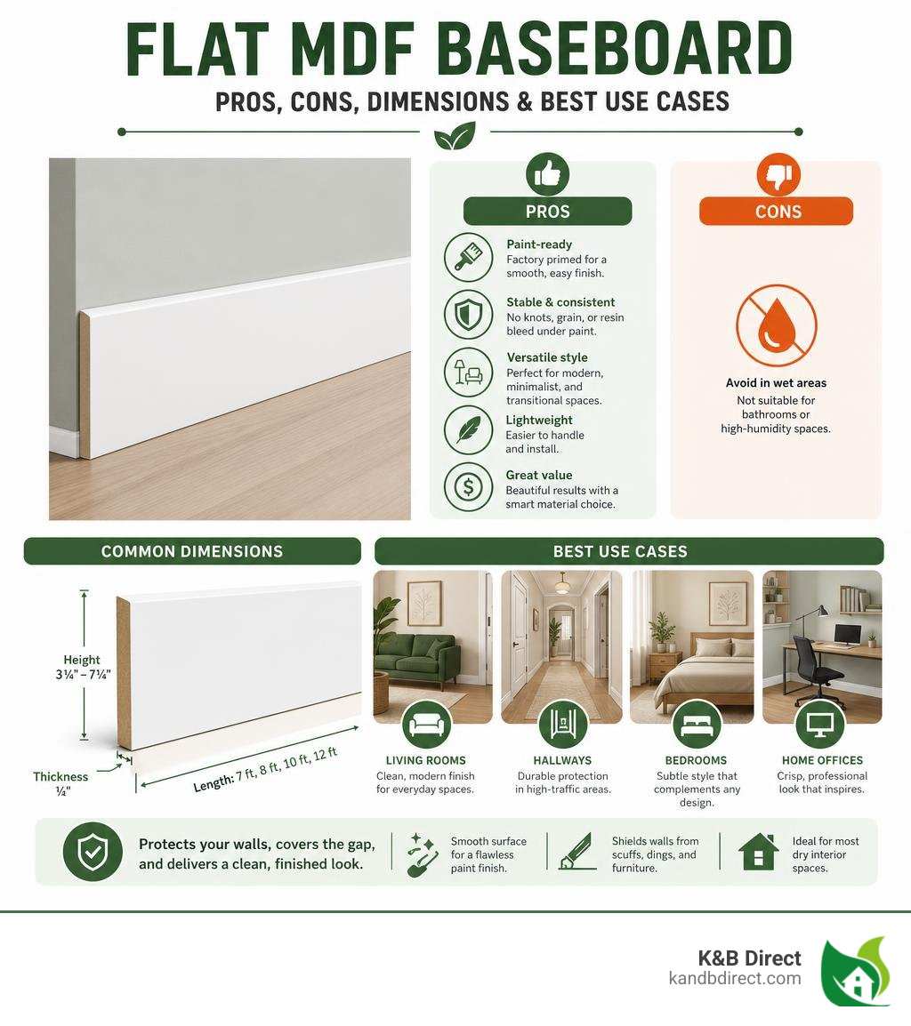 Infographic comparing flat MDF baseboard pros, cons, dimensions, and best use cases infographic Infographic comparing flat MDF baseboard pros, cons, dimensions, and best use cases infographic