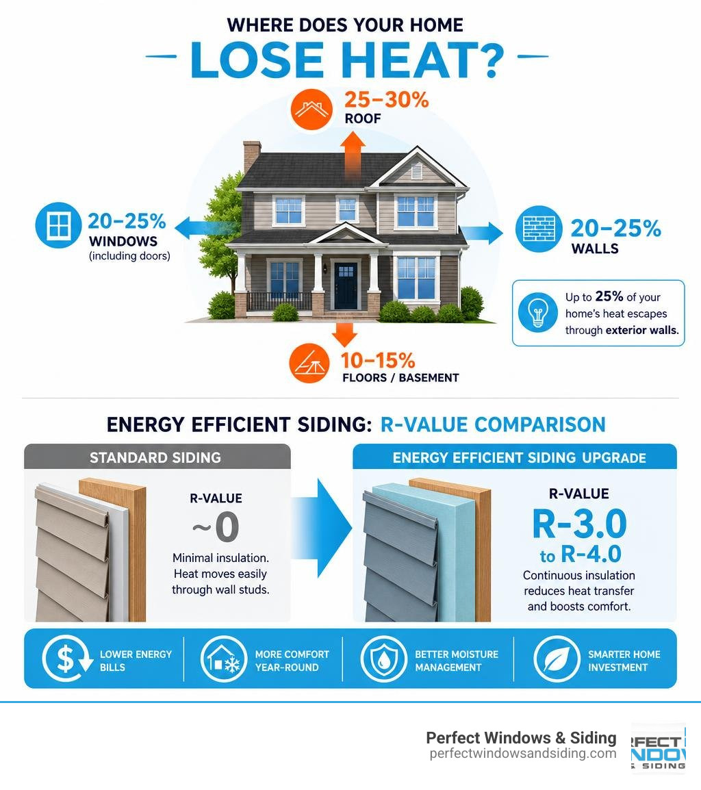Infographic showing heat loss percentages through walls, windows, and roof with energy efficient siding R-value comparison Infographic showing heat loss percentages through walls, windows, and roof with energy efficient siding R-value comparison