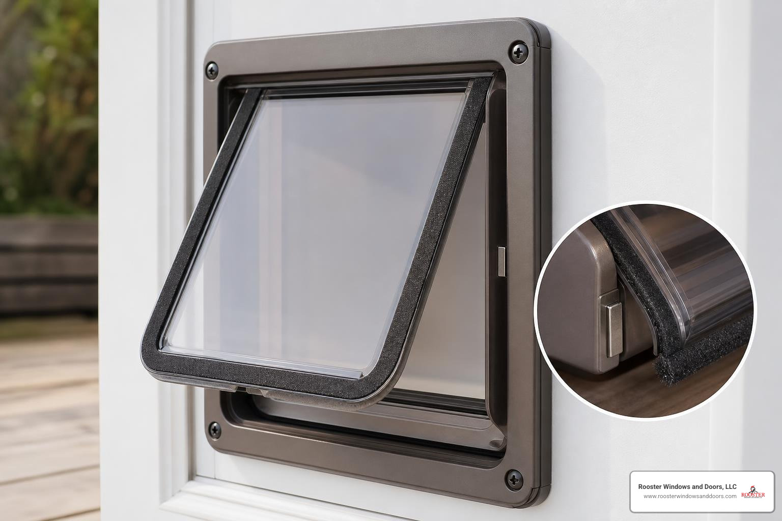 Close-up of a high-quality weather-sealed pet door showing magnetic strips