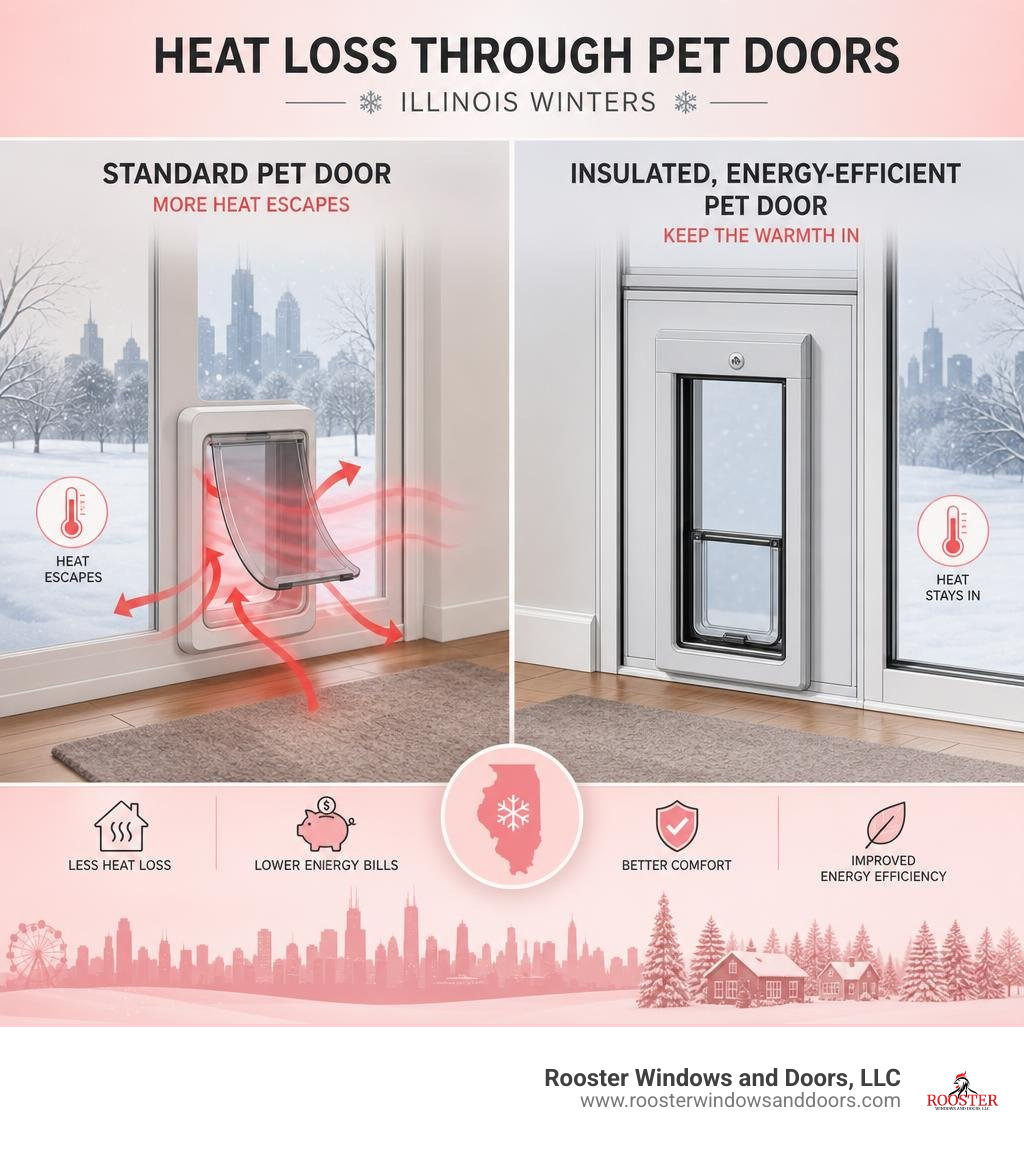 Infographic showing heat loss through standard pet doors vs insulated energy-efficient pet doors in Illinois infographic