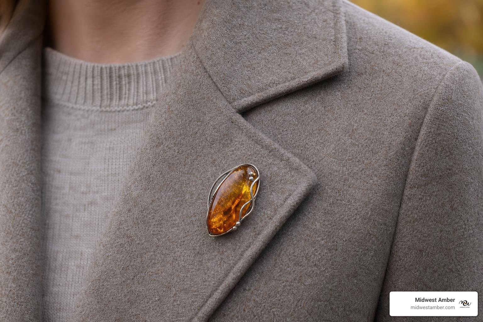 Baltic amber brooch pinned to a wool coat Baltic amber brooch pinned to a wool coat