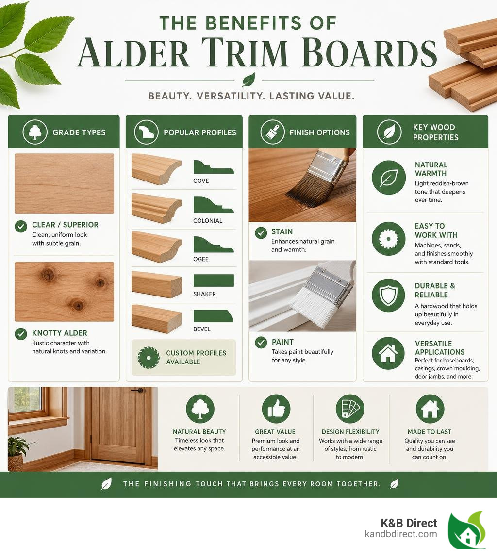 Benefits of alder trim boards infographic showing grade types, profiles, finish options, and key wood properties infographic Benefits of alder trim boards infographic showing grade types, profiles, finish options, and key wood properties infographic