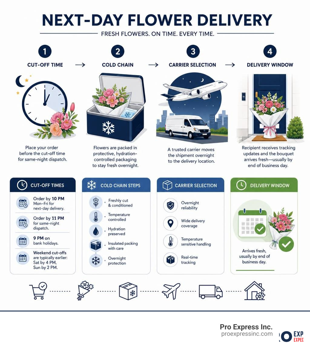 Infographic showing next-day flower delivery process: cut-off times, cold chain steps, carrier selection, and delivery