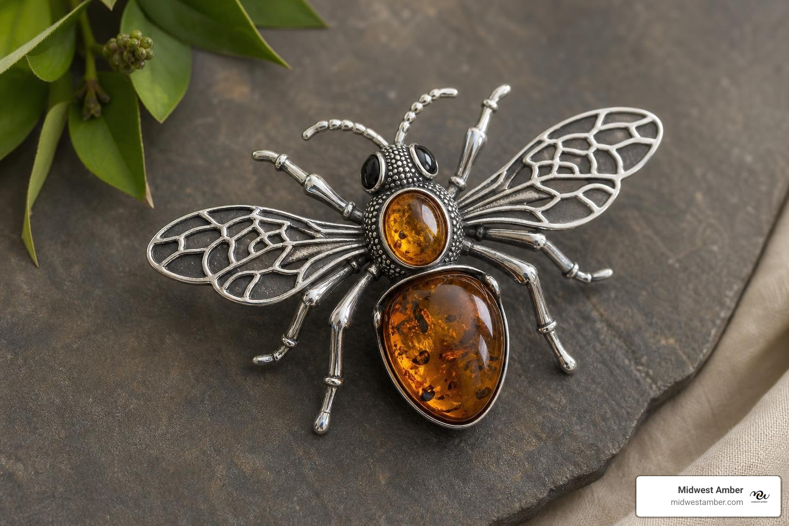 Sterling silver and Baltic amber insect brooch showing intricate details Sterling silver and Baltic amber insect brooch showing intricate details