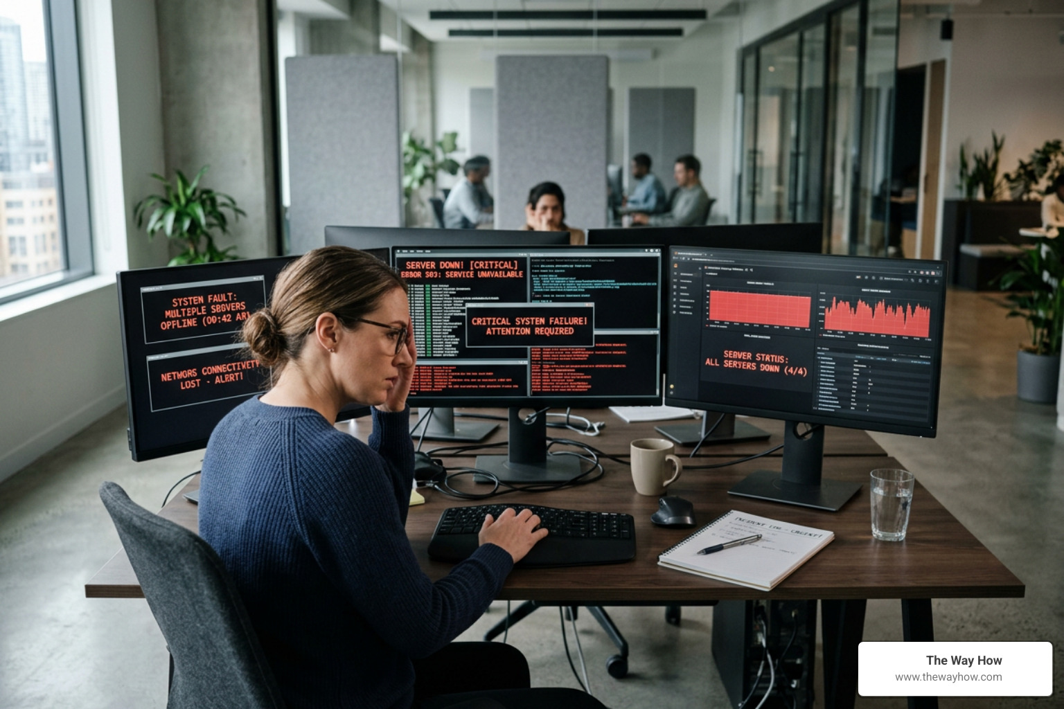 Frustrated marketer managing server downtime and experiencing high cognitive load Frustrated marketer managing server downtime and experiencing high cognitive load