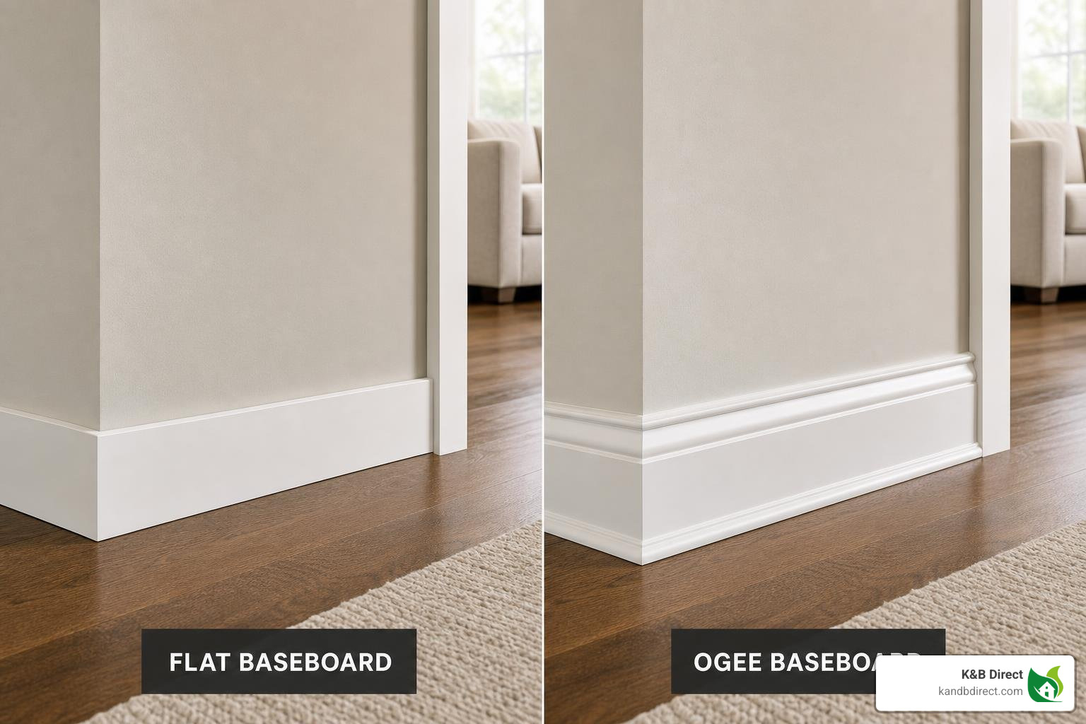 A comparison of modern flat and traditional ogee baseboard profiles side-by-side on a wall