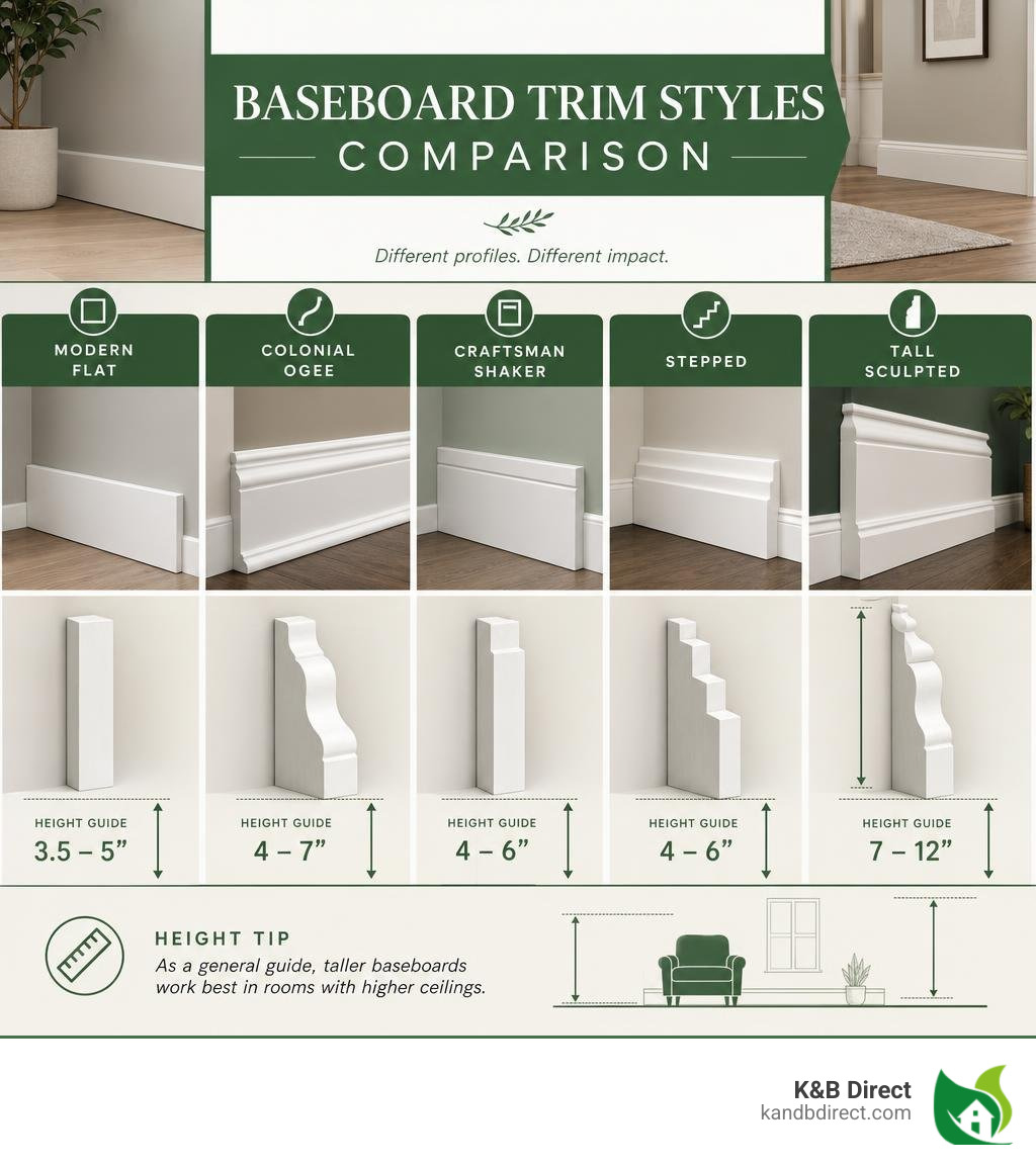 Infographic showing baseboard trim styles comparison: modern flat, colonial ogee, craftsman shaker, stepped, and tall