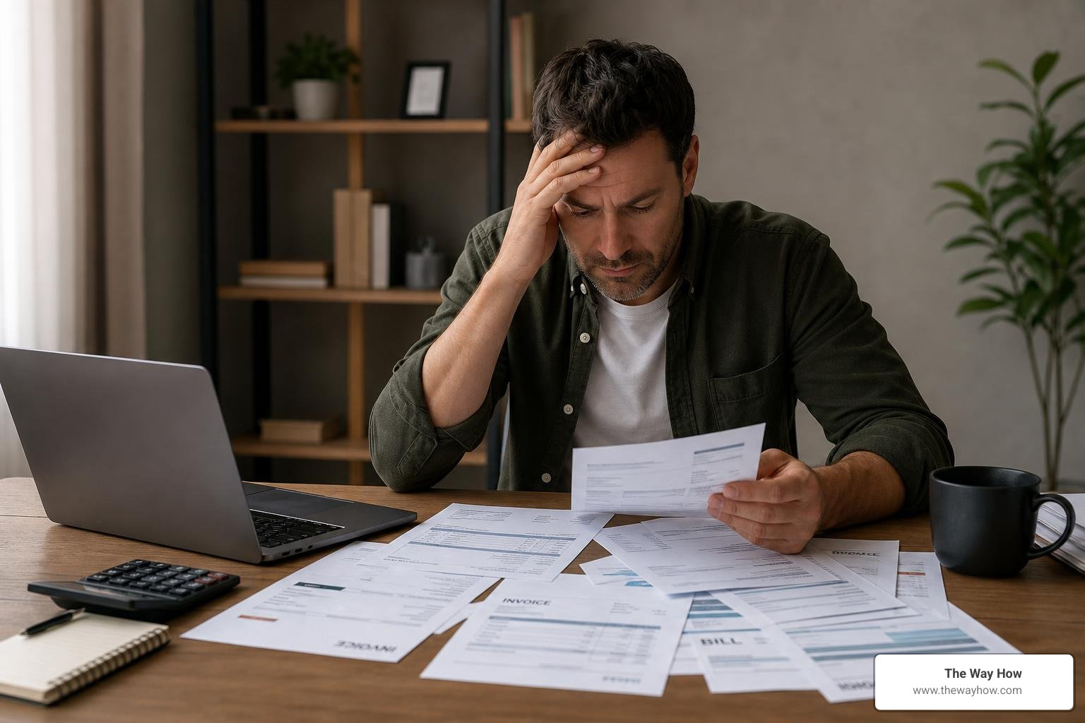 A stressed business owner looking at fragmented software bills; decision fatigue; cognitive load; tech stack fragmentation A stressed business owner looking at fragmented software bills; decision fatigue; cognitive load; tech stack fragmentation