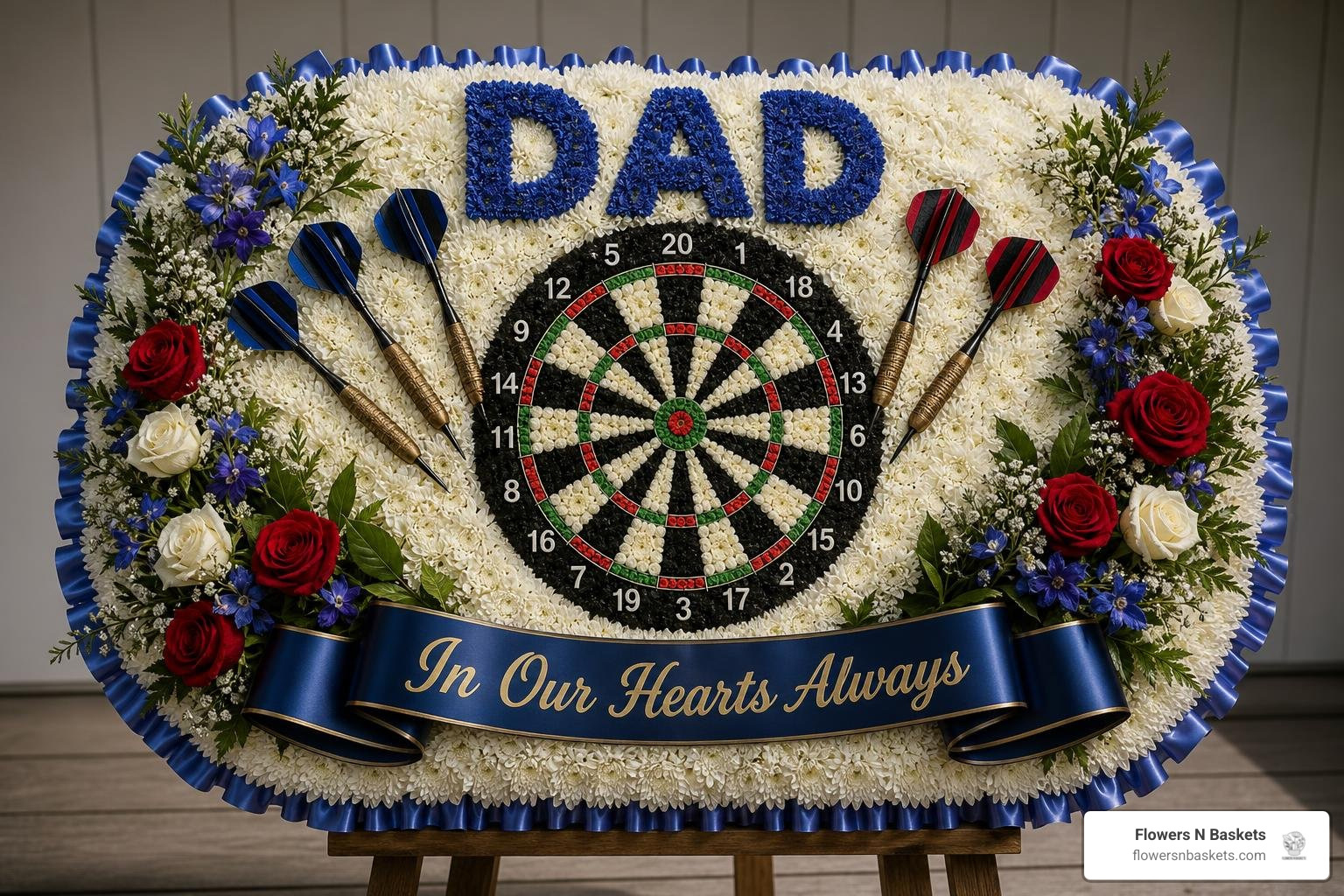 personalized darts floral tribute with custom lettering and ribbon edging