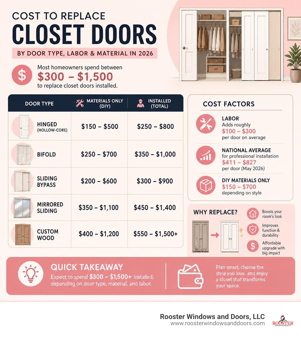 Infographic showing closet door replacement cost ranges by door type, labor, and material in 2026 infographic