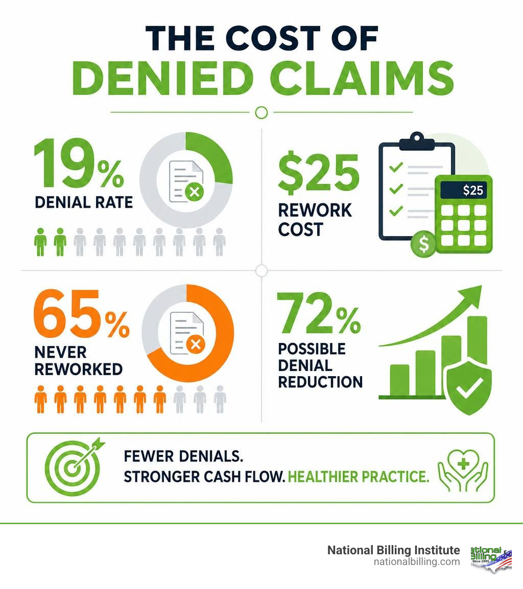 Infographic showing cost of denied claims: 19% denial rate, $25 rework cost, 65% never reworked, 72% possible denial Infographic showing cost of denied claims: 19% denial rate, $25 rework cost, 65% never reworked, 72% possible denial
