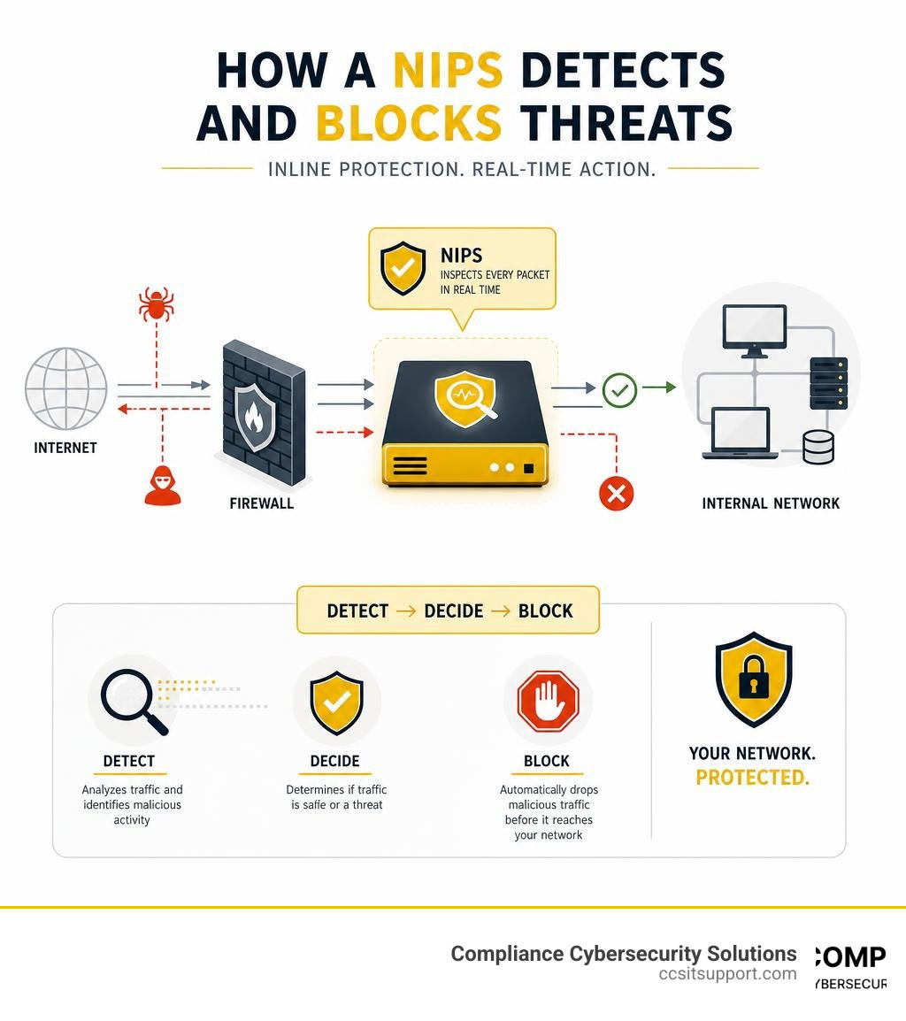 Infographic showing how a NIPS detects and blocks threats inline between firewall and internal network infographic Infographic showing how a NIPS detects and blocks threats inline between firewall and internal network infographic