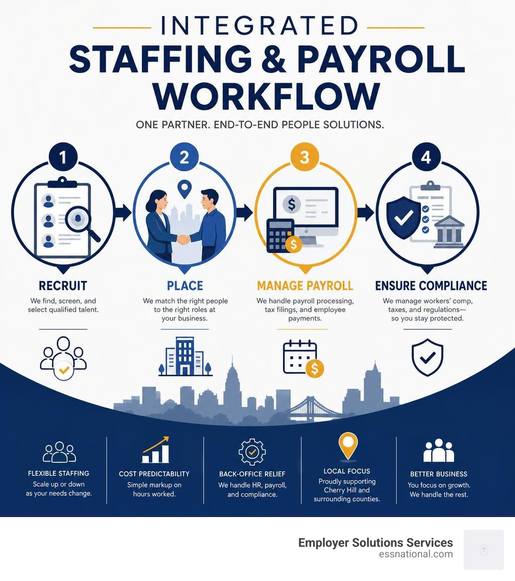 Integrated staffing and payroll workflow: recruit, place, manage payroll, ensure compliance infographic Integrated staffing and payroll workflow: recruit, place, manage payroll, ensure compliance infographic