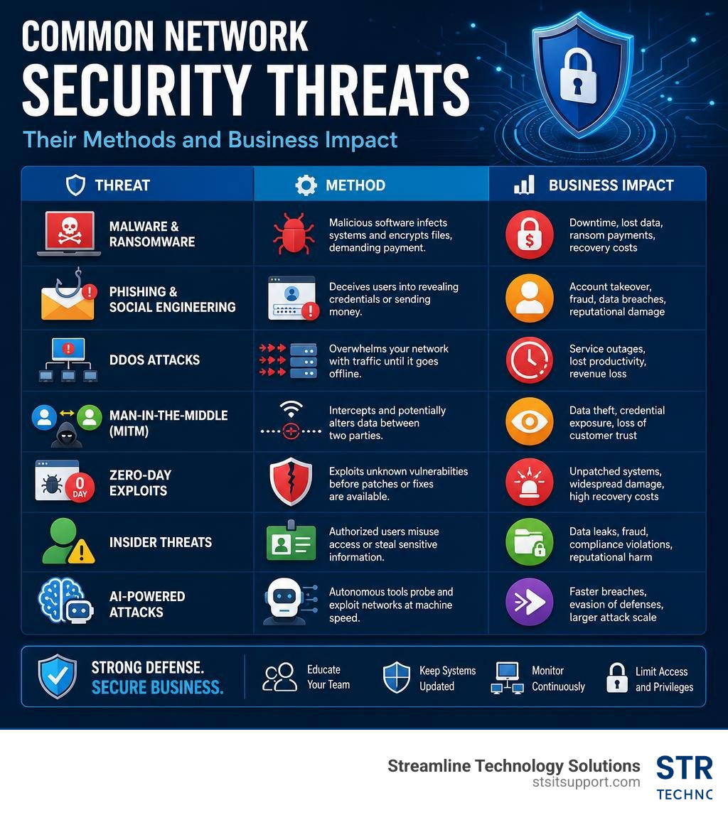 infographic showing common network security threats, their methods, and business impact infographic infographic showing common network security threats, their methods, and business impact infographic