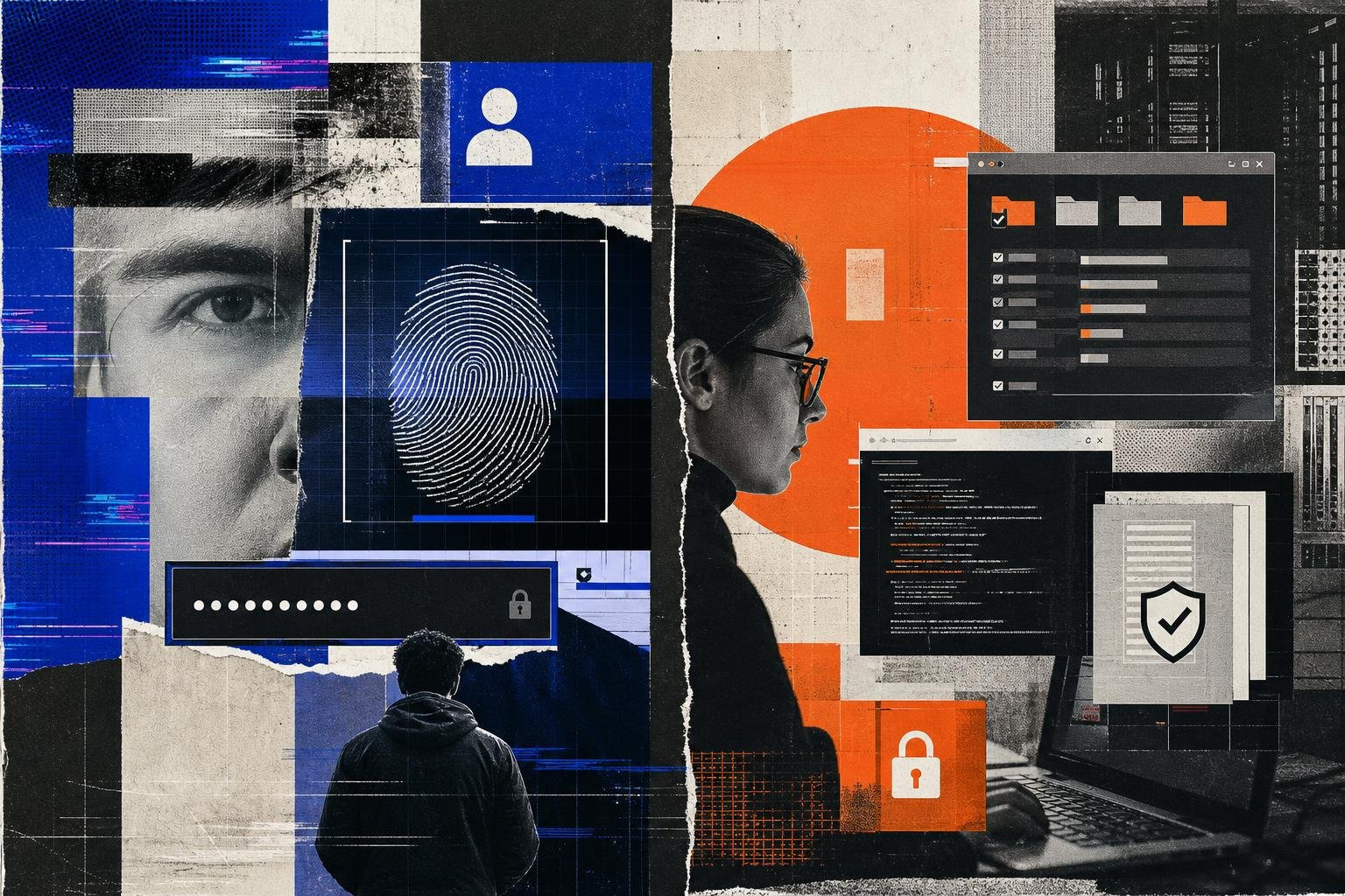 editorial collage showing authentication vs authorization concepts with fragmented UI elements editorial collage showing authentication vs authorization concepts with fragmented UI elements