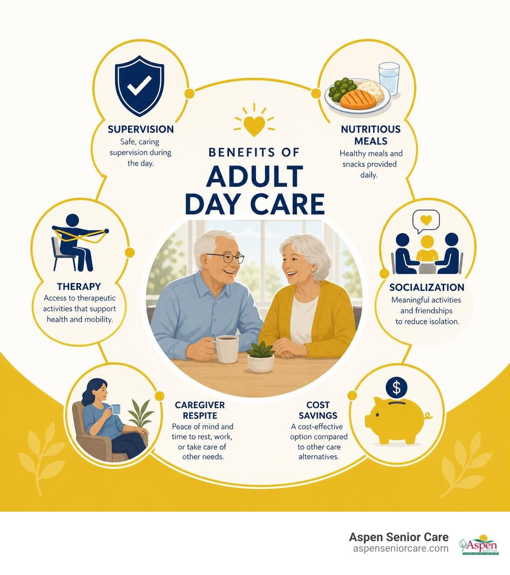 Benefits of adult day care infographic: supervision, meals, therapy, socialization, caregiver respite, cost savings