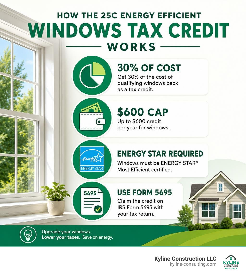 Infographic showing how the 25C energy efficient windows tax credit works: 30% of cost, $600 cap, ENERGY STAR required, Form Infographic showing how the 25C energy efficient windows tax credit works: 30% of cost, $600 cap, ENERGY STAR required, Form