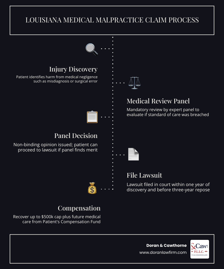 infographic showing steps in a Louisiana medical malpractice claim process from injury to compensation infographic infographic showing steps in a Louisiana medical malpractice claim process from injury to compensation infographic