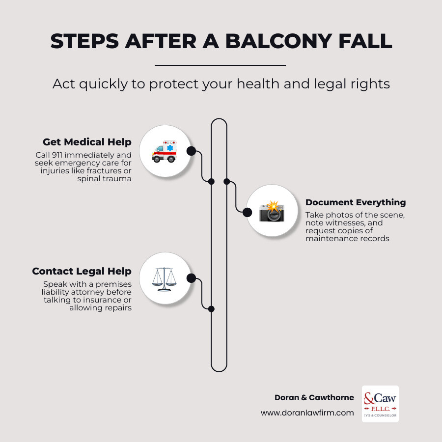 Steps to take after an apartment balcony fall: call 911, document scene, report to management, avoid insurance statements Steps to take after an apartment balcony fall: call 911, document scene, report to management, avoid insurance statements