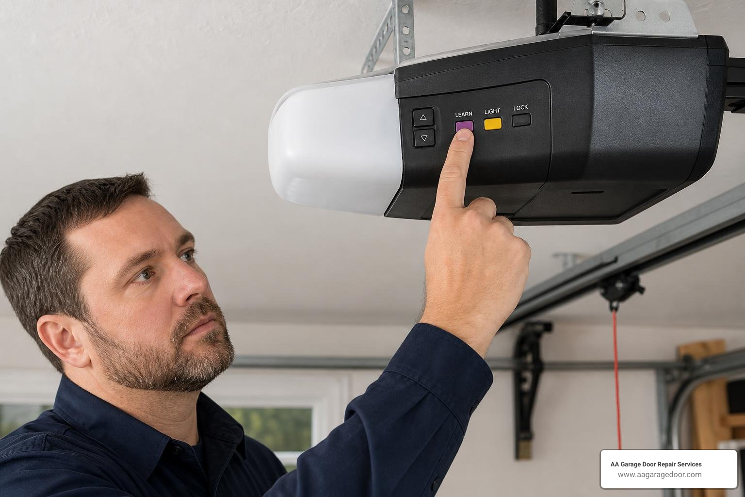professional technician pressing the colored learn button on a garage door opener motor professional technician pressing the colored learn button on a garage door opener motor
