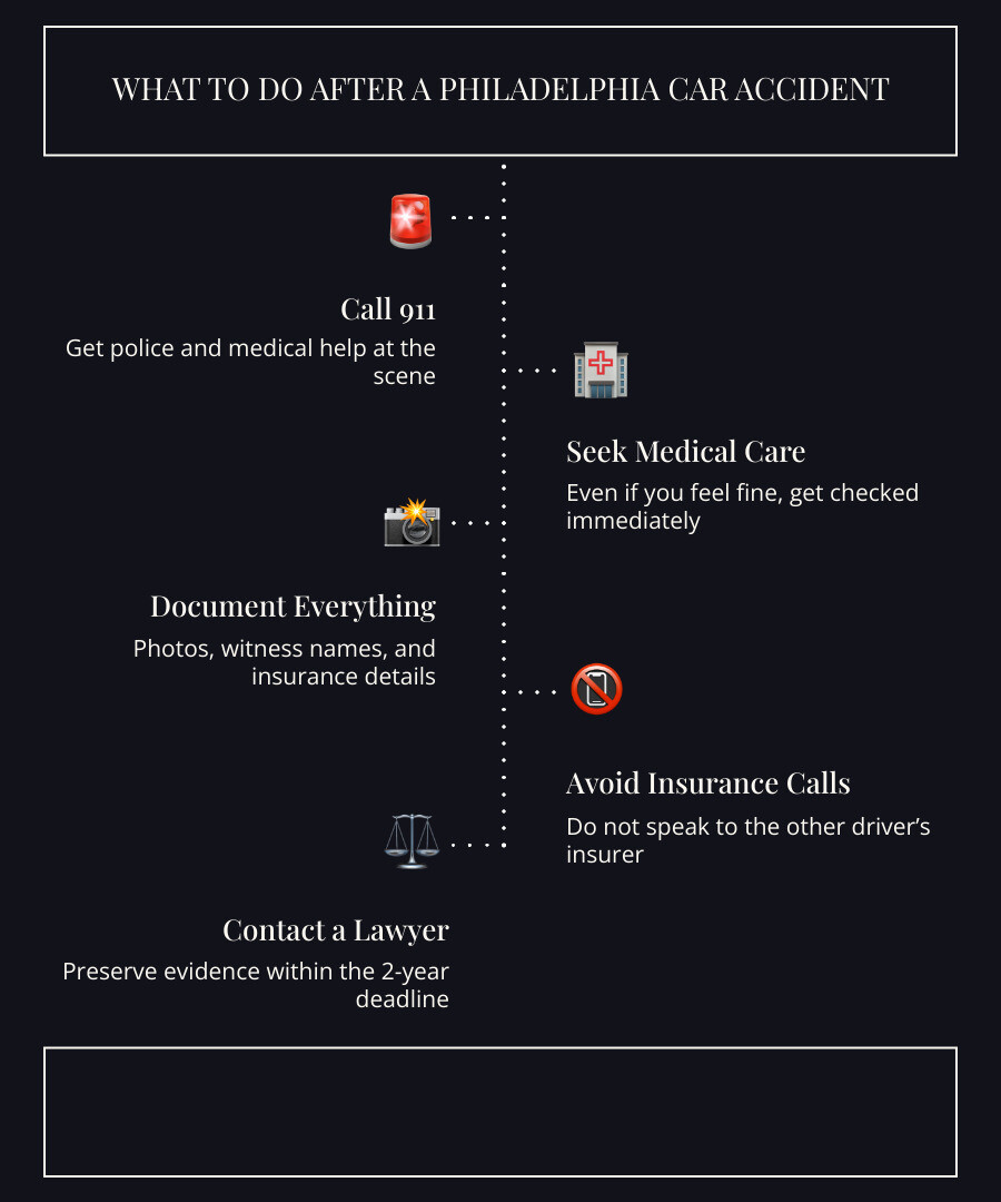 Post-accident steps infographic: call 911, seek medical care, document scene, avoid insurance statements, contact a Post-accident steps infographic: call 911, seek medical care, document scene, avoid insurance statements, contact a
