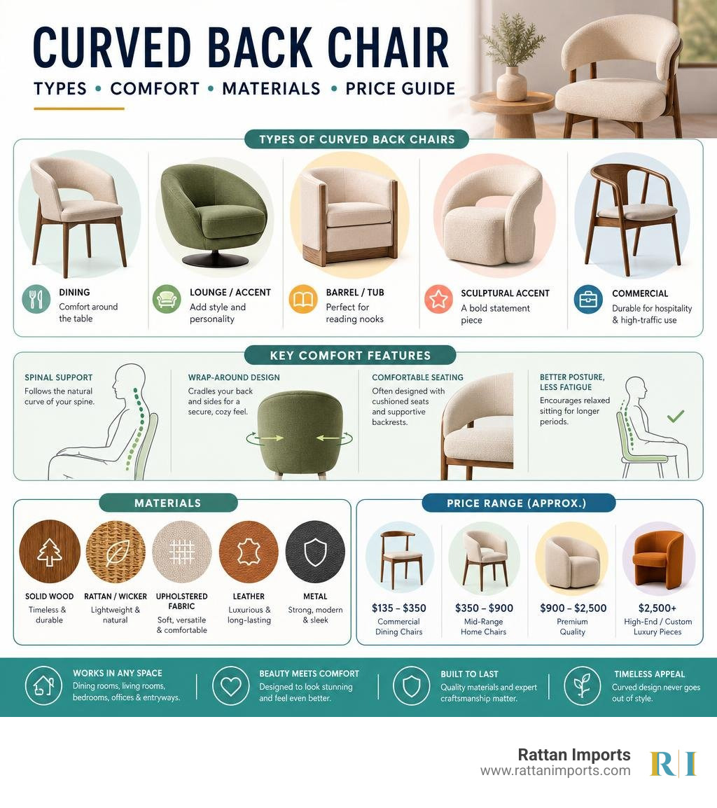 Infographic showing types of curved back chairs, key comfort features, materials, and price ranges infographic Infographic showing types of curved back chairs, key comfort features, materials, and price ranges infographic