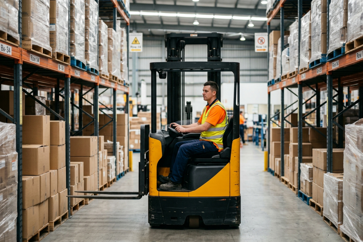warehouse worker in reflective vest and orange polo operating a forklift in an aisle