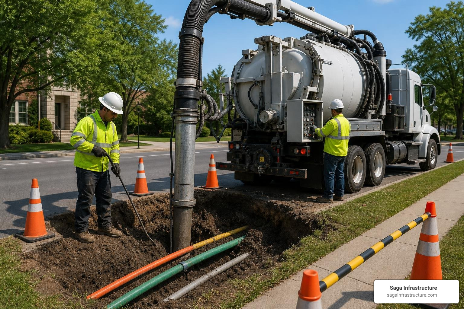 Vacuum excavation truck exposing underground utility lines safely