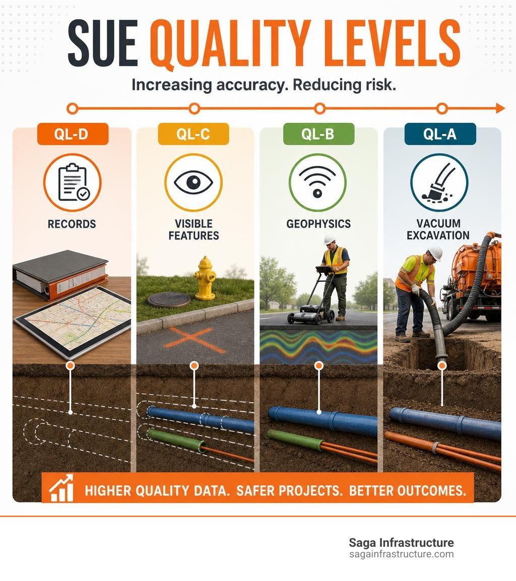 SUE quality levels infographic: QL-D records, QL-C visible features, QL-B geophysics, QL-A vacuum excavation infographic
