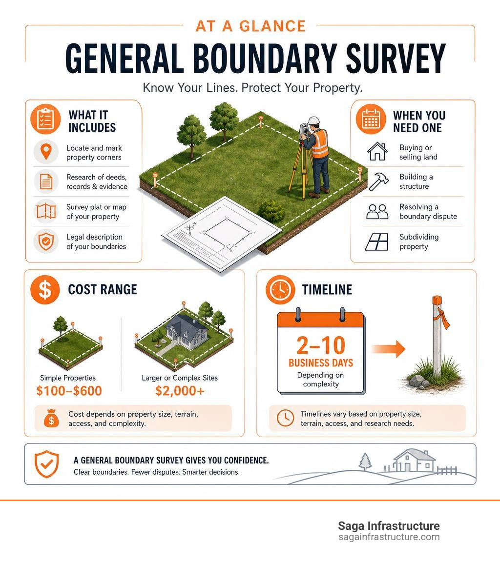 Infographic showing what a general boundary survey includes, when you need one, cost range, and timeline infographic