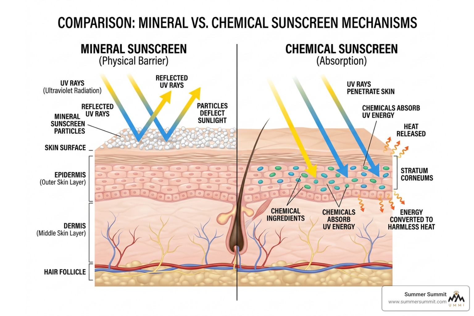mineral vs chemical sunscreen barrier diagram