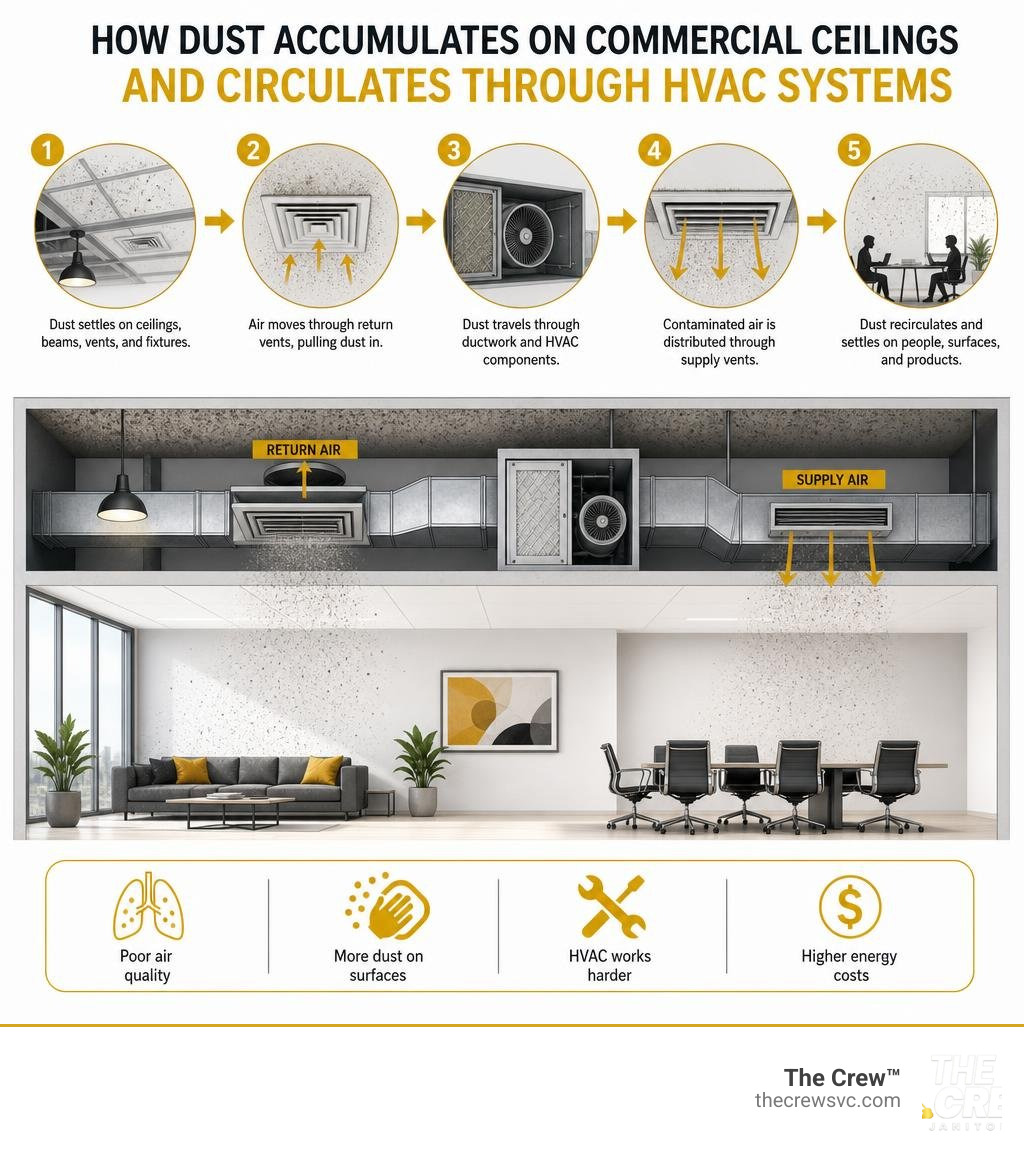 infographic showing how dust accumulates on commercial ceilings and circulates through HVAC systems infographic infographic showing how dust accumulates on commercial ceilings and circulates through HVAC systems infographic