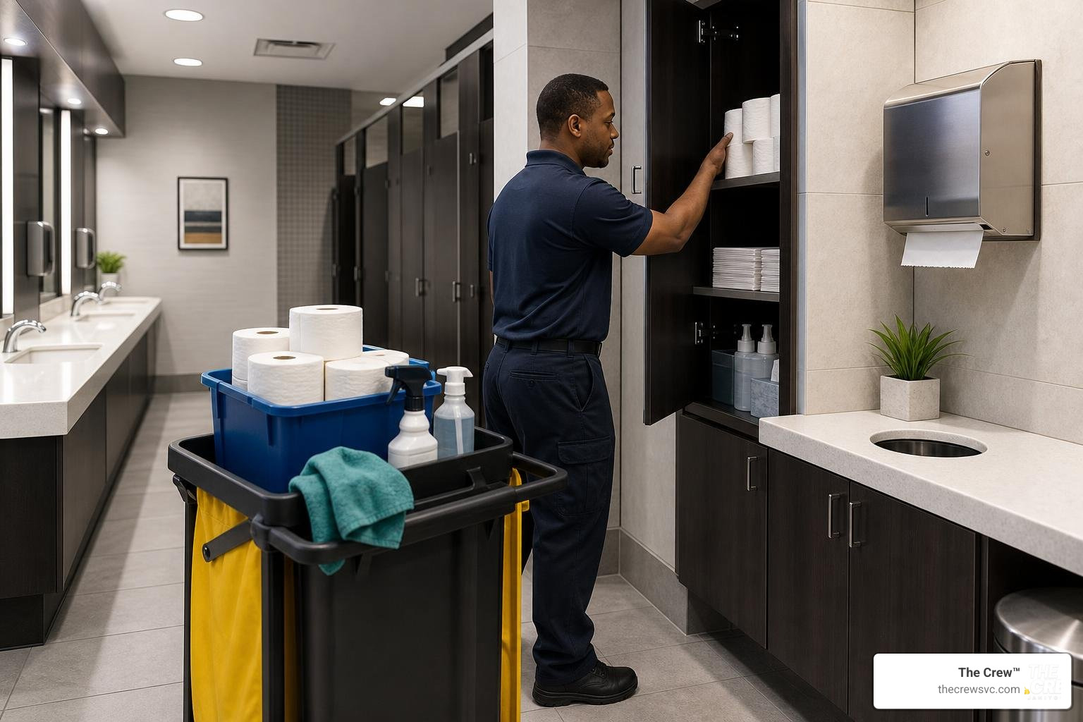 professional day porter restocking supplies