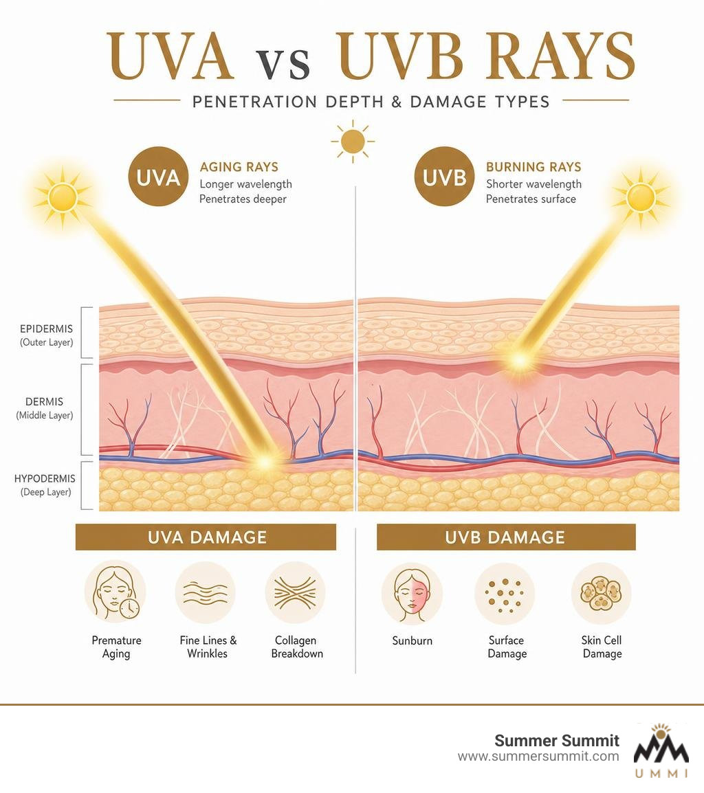 UVA vs UVB rays comparison infographic showing skin penetration depth and damage types infographic