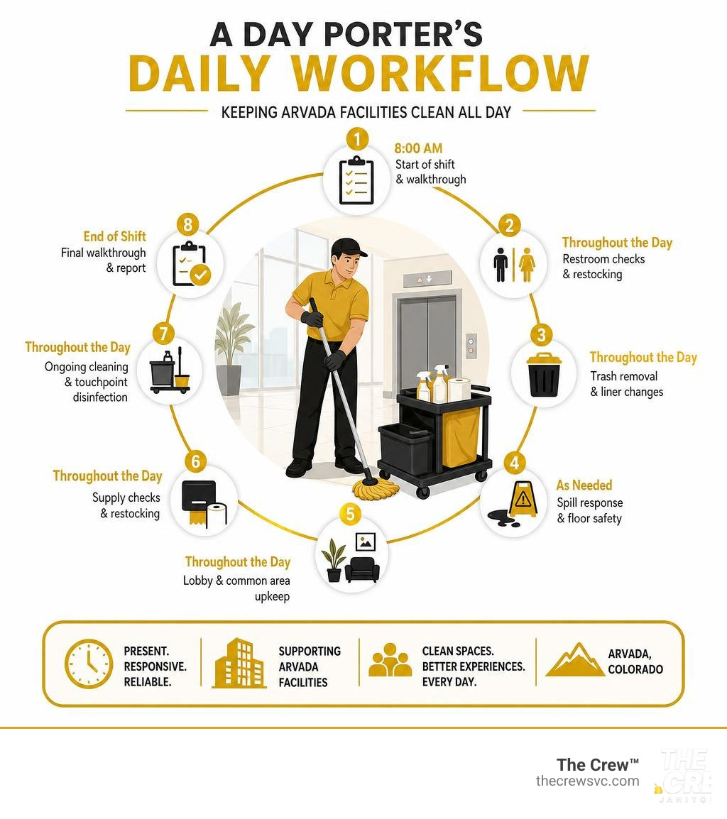 Daily workflow infographic of a day porter in a commercial facility in Arvada CO infographic